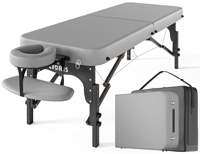 CLORIS 84" Professional Massage Table Portable Reinforced Wooden Leg 2 Folding Lightweight Spa Salon Tattoo Massage Bed Height Adjustable Hold Up to 1100LBS with Carrying Bag Grey
