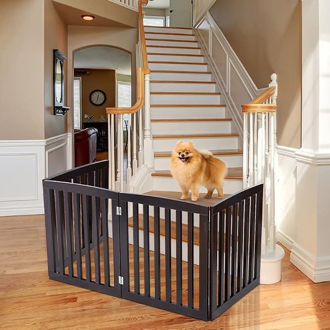 Dog Gate Pet Gate Indoor for Stairs Doorways 82x24 Inch 4 Panels Dog Fence Extra Wide Wooden Black