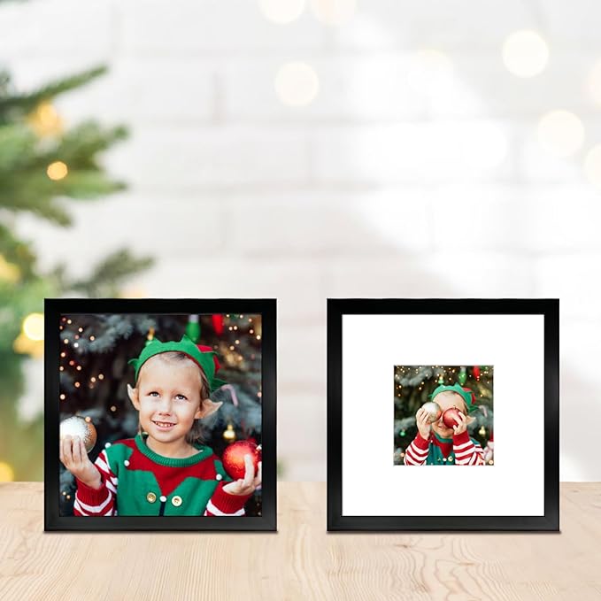 8x8 Picture Frame Set of 9, Display Pictures 4x4 with Mat or 8x8 without Mat, Multi Collage Gallery Square Photo Frames for Wall or Tabletop, Black