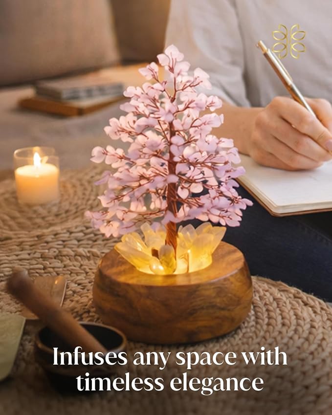 Rose Crystal Tree of Life with LED Light – Handcrafted Gemstone Bonsai on Quartz Base & Acacia Wood Stand – Spiritual Home & Office Décor, Feng Shui, Thoughtful Gift for Women