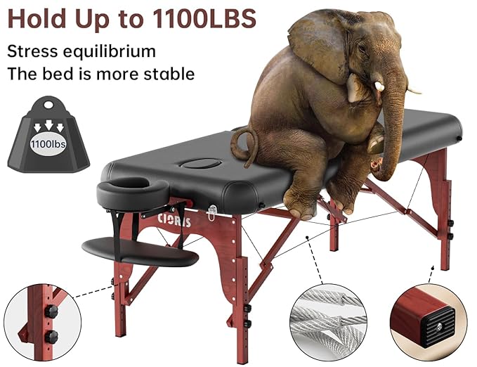 CLORIS 84" Professional Massage Table Portable 2 Folding Lightweight Facial Salon Spa Tattoo Bed Height Adjustable with Carrying Bag & Wooden Leg Hold Up to 1100LBS Black Widen