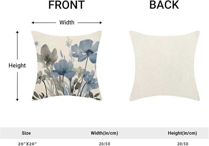 Spring Floral Pillow Covers 20x20 Inches Set of 2 Gray Blue Floral Throw Pillow Covers Outdoor Rustic Summer Flower Decoration Pillowcase Farmhouse Decorative Square Cushion Cover For Home Sofa