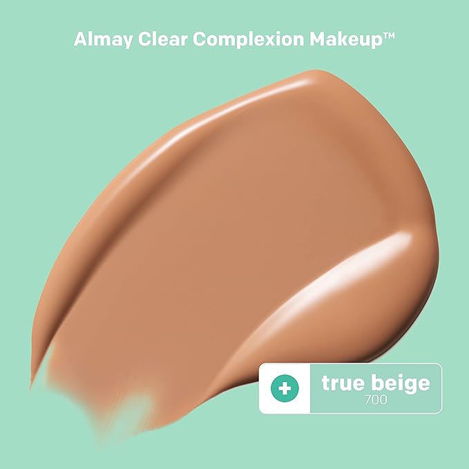 Almay Clear Complexion Acne Foundation Makeup with Salicylic Acid - Lightweight, Medium Coverage, Hypoallergenic, Fragrance Free, for Sensitive Skin, 700 True Beige, 1 fl oz. (Pack of 2)