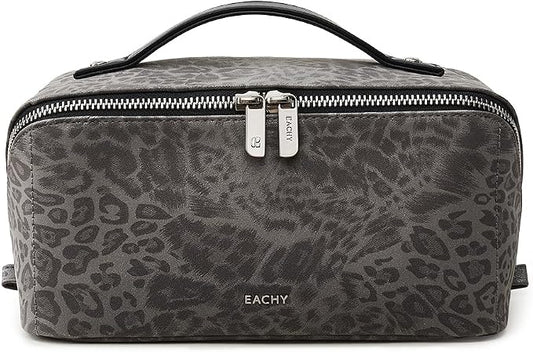 EACHY Travel Makeup Bag, Large Capacity Cosmetic Bag for Women, Waterproof PU Leather, Flat Open Portable Toiletry Bag for Skincare, Brushes & Travel Essentials