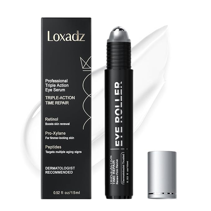 Loxadz Under Eye Brightener Serum with Cooling Rollerball, Zero Irritation Retinol Eye Cream for Puffy Bags, Fine Lines and Wrinkles, Hydrating Massage Roller for Dark Circles, 0.52 fl.oz