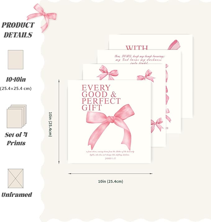 LARTSFRO Coquette Pink Bow Wall Art Decor Posters, Pink Bow Room Bedroom Bathroom Dorm Wall Art Decor Aesthetic for College Teen Girls Gifts, Inspirational Bible Verses Bow Wall Decor, 10x10 Inch Set of 4 Pcs Bow Pictures (UNFRAMED)