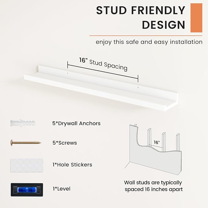 Picture Ledge Shelf, Floating Shelves for Wall, 32" W Set of 2, White | FSC Certified Engineered Wood, Wall Mounted Bookshelf, for Nursery Living Room Bedroom, Pre-Drilled, Easy Install