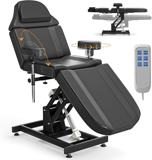 Fully Electric Tattoo Chair Bed for Client with 3 Motor & Adjustable Armrests Black Facial Beds for Esthetician w/Headrest for Spa