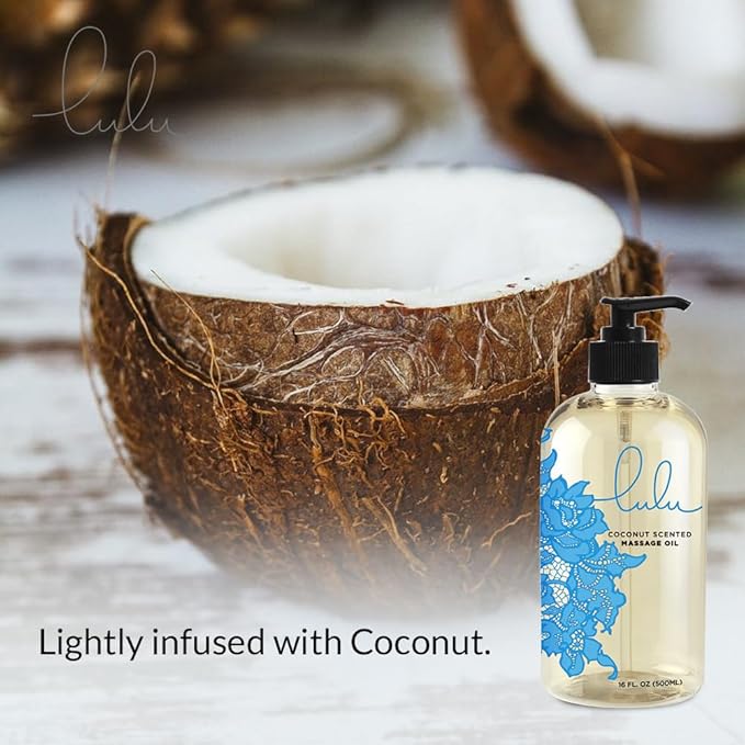 Lulu Coconut Massage Oil with Fractionated Coconut & Cocoa Butter Hydrating Non-Greasy Body Oil for Smooth Skin & Relaxation Aromatherapy for Date Night Couples Massage & Massage Therapy 16 fl oz Pump
