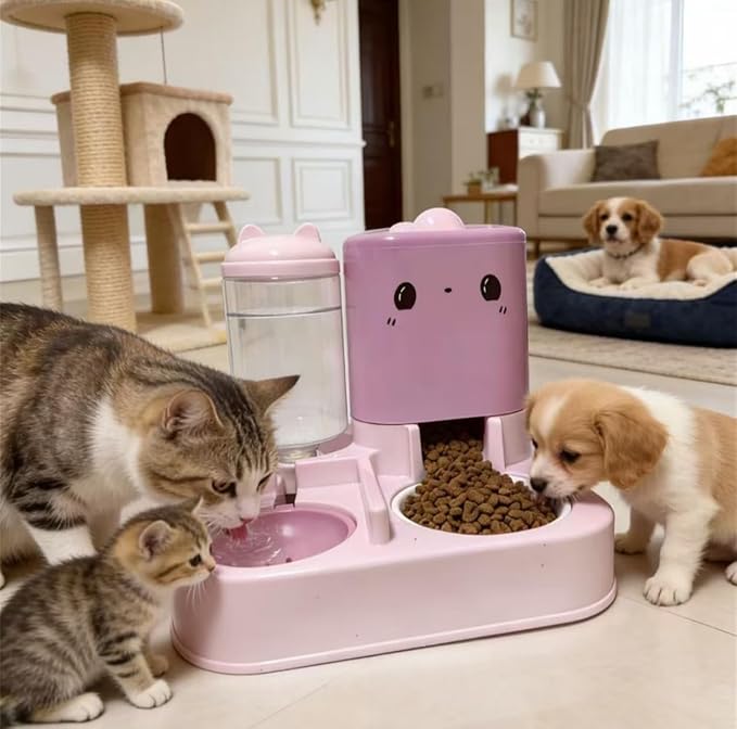 Pet Automatic Feeder Cat Dog Feeding Bowl Food Water Dispenser with Refillable Storage Container Large Capacity Rabbit Feeder Watering Bowls (Pink)