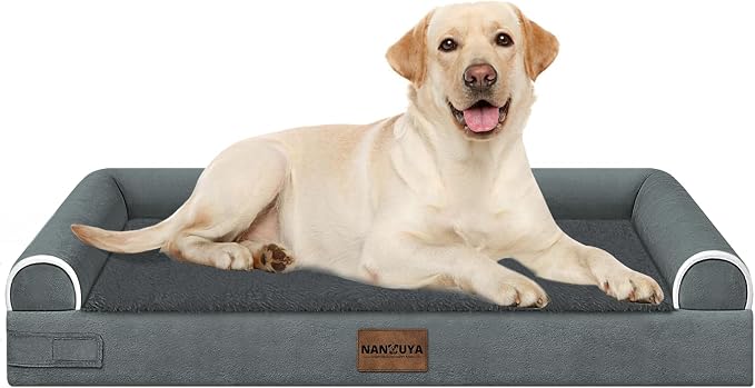 Orthopedic Dog Bed for Large Dogs, 38 x 25 Inch, Dark Grey | Egg crate foam for joint support, 3-sided bolster pet sofa, waterproof lining, washable cover, and non-skid base