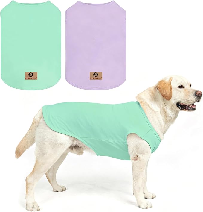 Large Dog Clothes for Boy Girl, 2 Pack Cotton Summer Dog T Shirts UV & Insect Protection for Outdoor Camping, Anti-Hair Loss Breathable Sleeveless Pet Vest Tank Tops Apparel, Green&Purple, XL