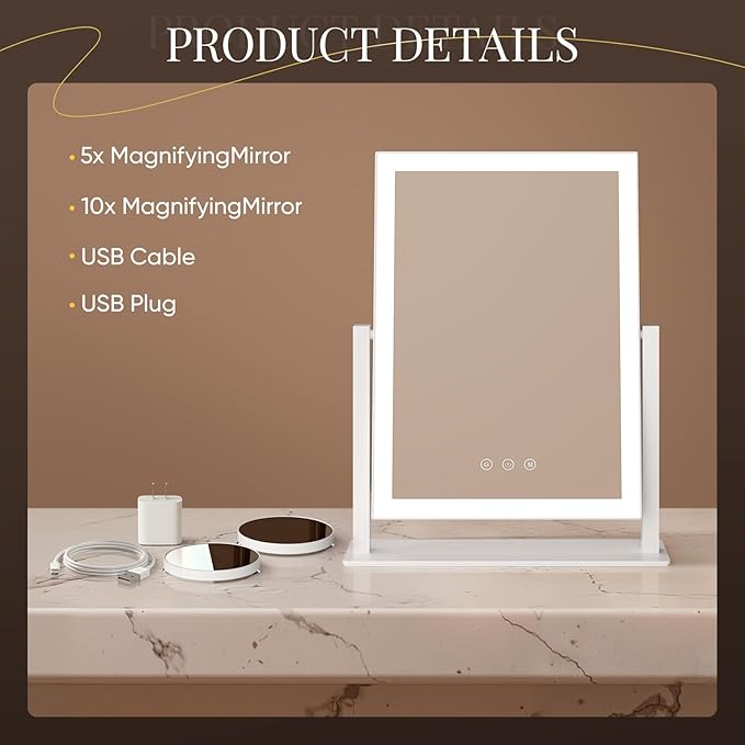 DECADENCE Vanity Mirror with Lights, 17.3’’ LED Makeup Mirror Detachable 10X/5X Magnification, Smart Touch Control, 3 Color Lighting Modes,360°Rotation Tabletop Make Up Mirror for Bedroom Bathroom