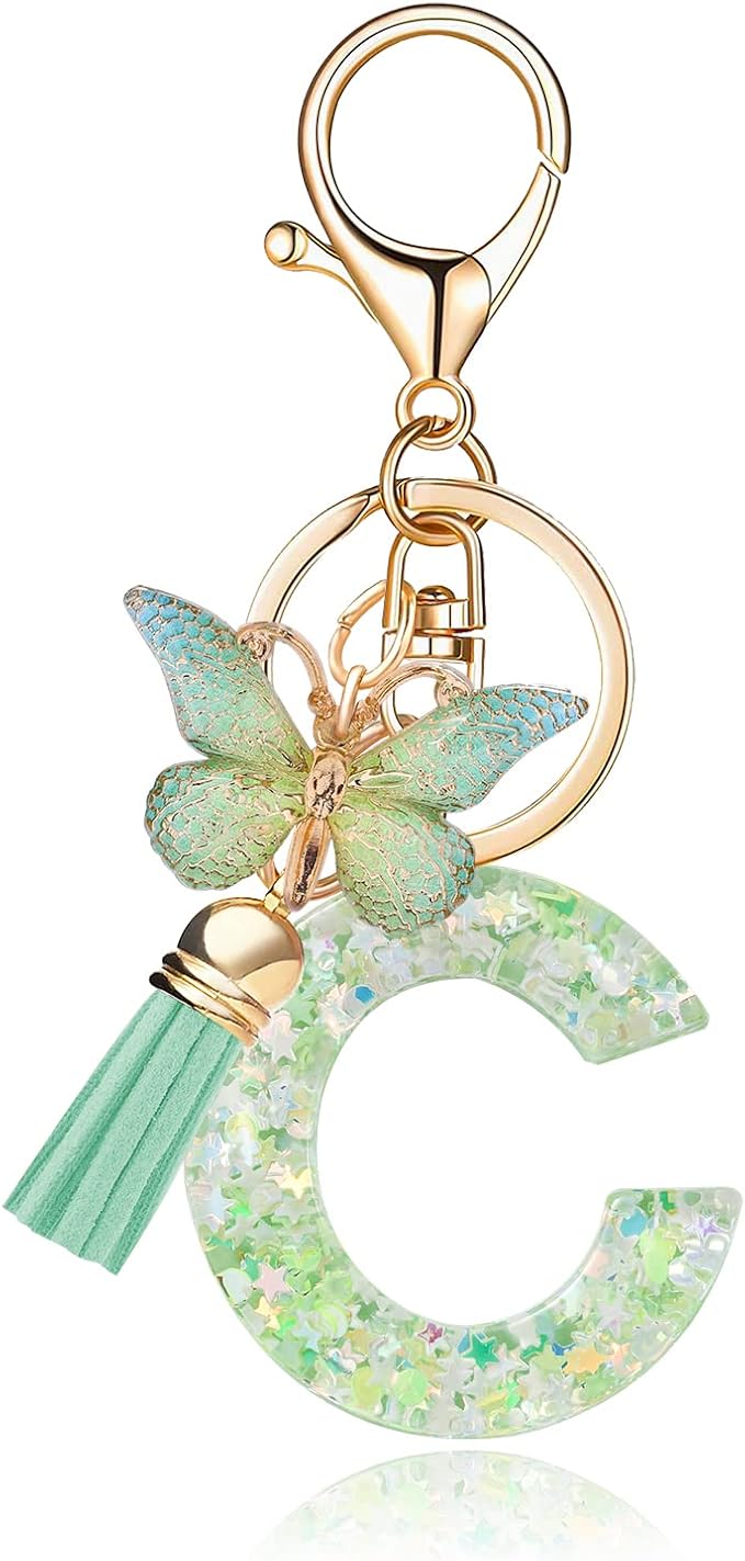 Fashion Alphabet Initial Letter Keychain Tassel Butterfly Pendant Key Ring for Purse Handbags Women Girl