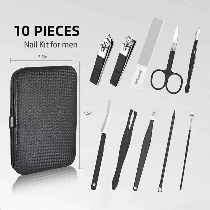 10Pcs Manicure Pedicure Kit Professional Manicure kit for Men Care Nail kit, Mens Nail Care kit,fingernail and toenail Clippers with Portable Luxurious Travel Case (Black)
