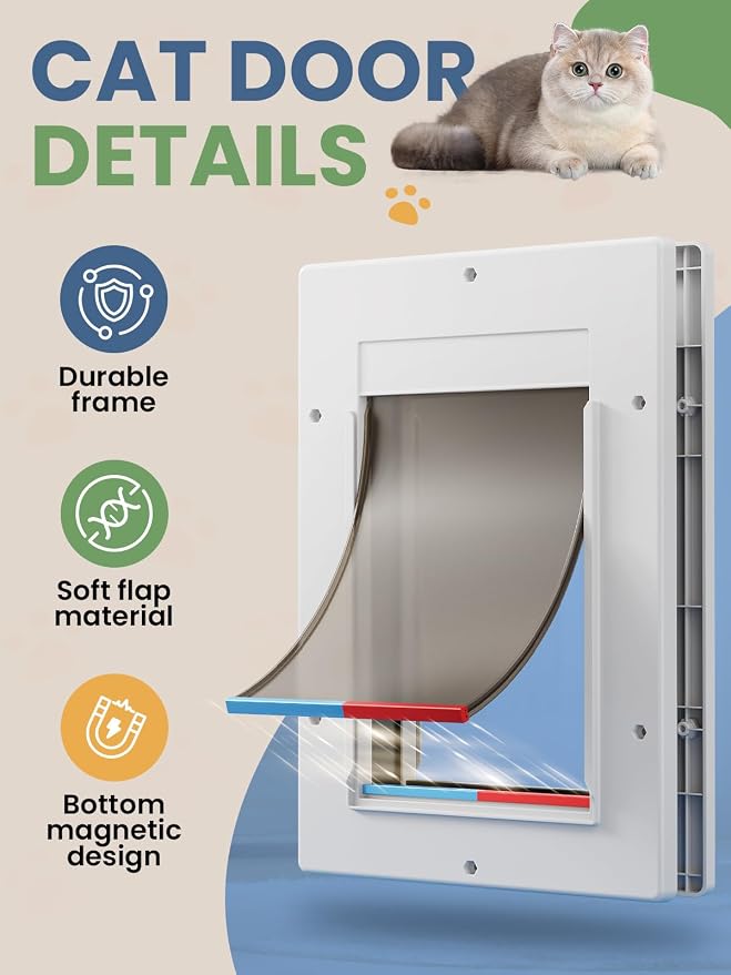 Cat Door with Soft Magnetic Flap, Pets Up to 20 lb, White | Sliding Lock Panel, Soft Magnetic Flap, Adjustable Tunnel, Save energy, Easy DIY Installation Exterior Cat Doors