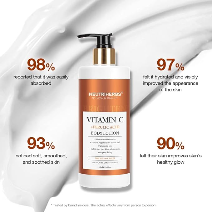 Neutriherbs Body Lotion for Women Dry Skin with Vitamin C + Ferulic Acid Natural Body Lotion Moisturizes and Nourishes for All Skin Types 13.52 Fl Oz Pump Bottle