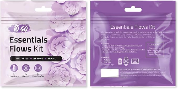 Essential Flows Kit with 3 Pantiliners, 2 Maxi Pads & 1 Feminine Wipe – Light Daily Period Care for Women & Girls – Travel Hygiene Pack (Purple) (10)