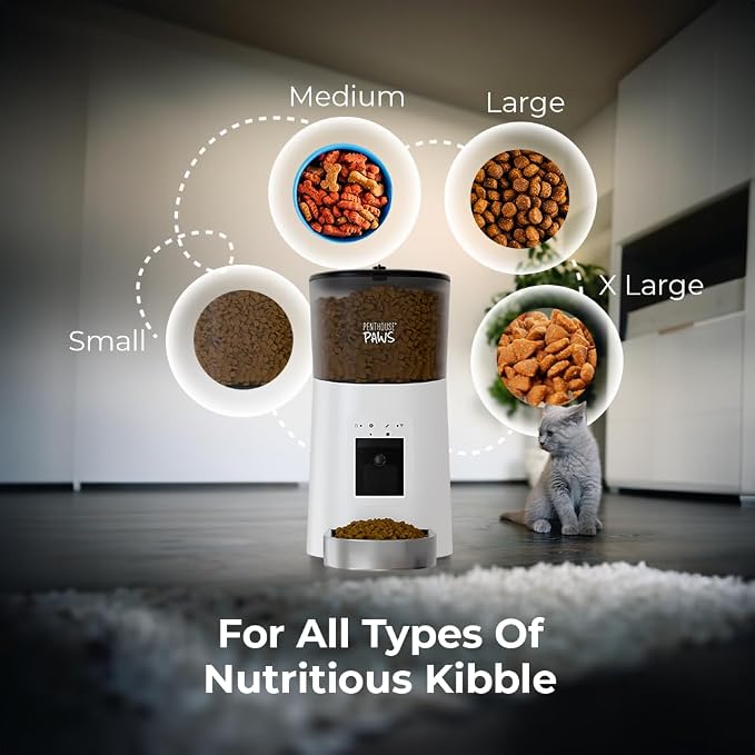 Smart HD Pet Feeder, 6L, White/Stainless Steel | 1080p Camera, 2-Way Audio, Voice Recording, Night Vision, Scheduled Meals, Backup Power, Easy to Clean, Anti-Jam Design