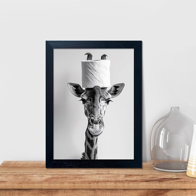 Funny Animal Bathroom Wall Art Giraffe with a Toilet Paper Roll on Head Painting Black and White Bathroom Pictures Wall Decor Framed Humor Canvas Print Artwork