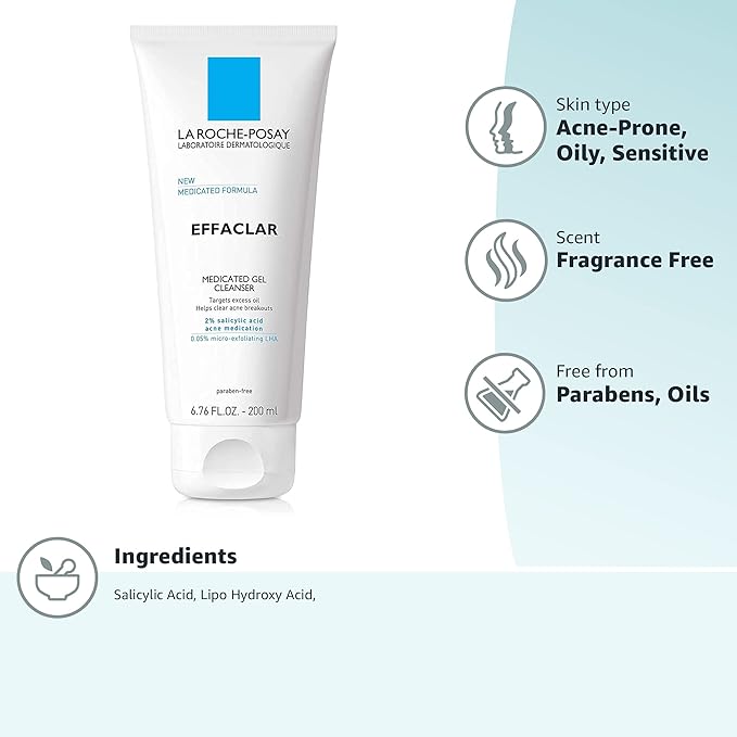 La Roche-Posay Effaclar Medicated Gel Cleanser, 2% Salicylic Acid Cleanser + LHA + Glycerin, Foaming Acne Face Wash, Helps Clear & Prevent Acne Breakouts, Oil Free, Targets Excess Oil