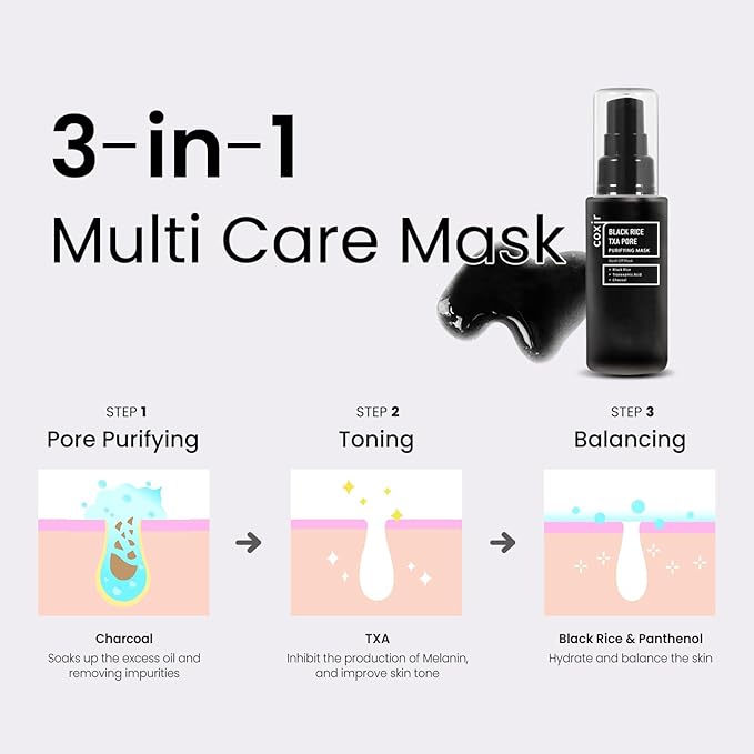 Coxir TXA Black Rice Pore Mask – Korean 3-in-1 Wash-Off Mask Serum| Pore Purifying, Blackhead Care, Hydrating, Skin Toning Treatment with TXA & Black Rice |Vegan K-beuaty Face Mask [50ml/1.69 fl.oz]