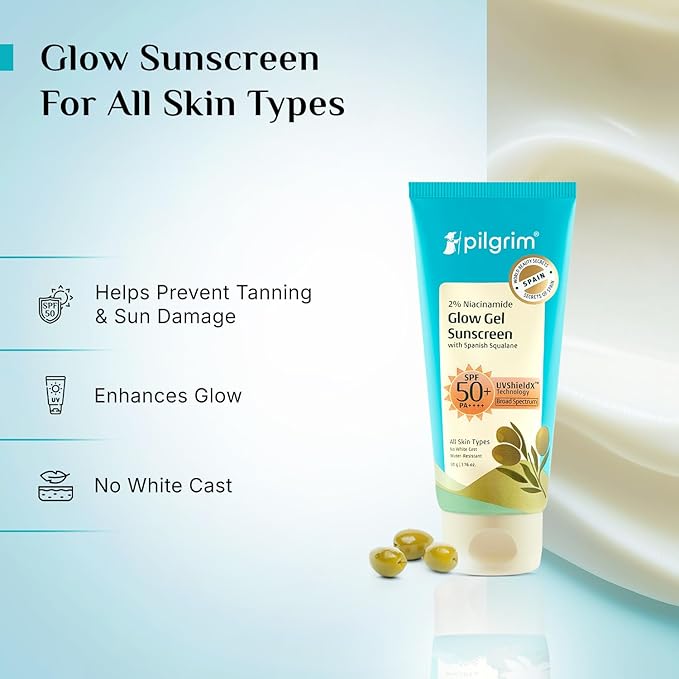 Pilgrim 2% Niacinamide Glow Sunscreen SPF 50 PA+++ | Lightweight, Hydrating & Non-Greasy | Helps Reduce Tanning & Improve Skin Tone | Suitable for Daily Use | 1.76 Oz (50gm)