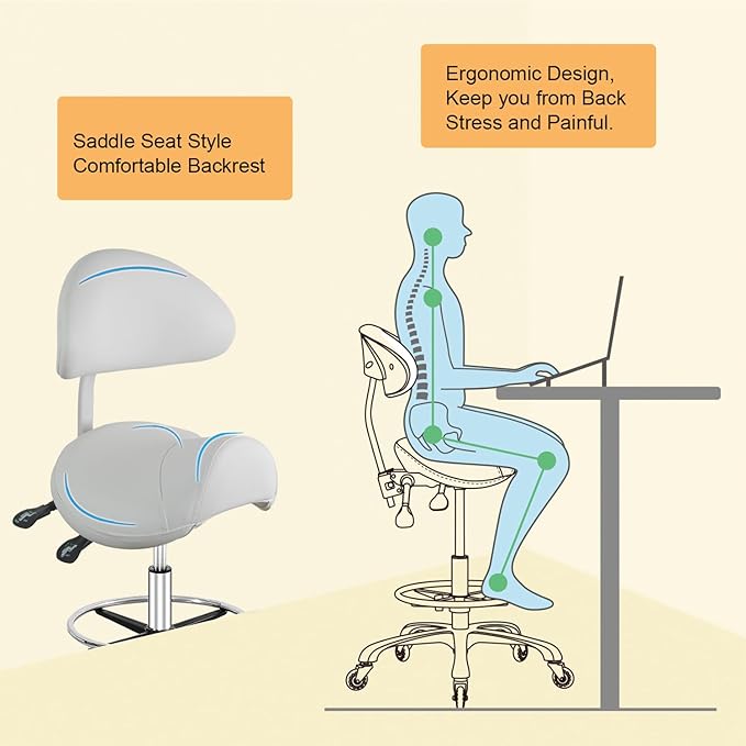 Saddle Stool Chair with Back Support Footrest, Heavy-Duty(350LBS), Hydraulic Rolling Swivel Adjustable Stool Chair for Salon Spa Beauty Massage Dental Clinic Home Office Use(White)