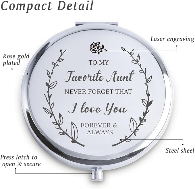 Aunt Gifts from Niece Nephew, Personalized Gifts for Aunt, Custom Compact Mirror, Goodie Bag & Basket Stuffers for Valentines Day, Mothers Day, Birthday, Wedding