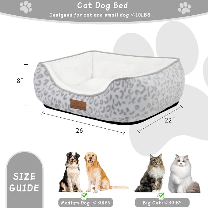 Zerbuger 25in White Leopard Rectangle Cat Dog Bed Machine Washable Sofa | Sleeping for Large Medium Small Pets Indoor Outdoor, Non-Slip Bottom Soft Puppy Bed Durable Orthopedic Calming Pet Cuddler