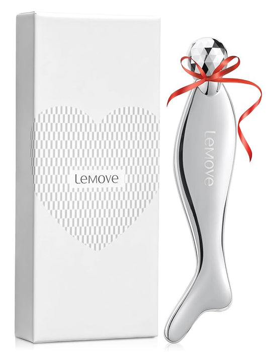 Lemove 4-in-1 Gua Sha Facial Tools, Facial Roller, Skin Care Roller with Stainless Steel, Face Ice Roller to Reduce Puffiness & Eye Strain, Relieved Facial Tension, Gift for Women and Men-Silver