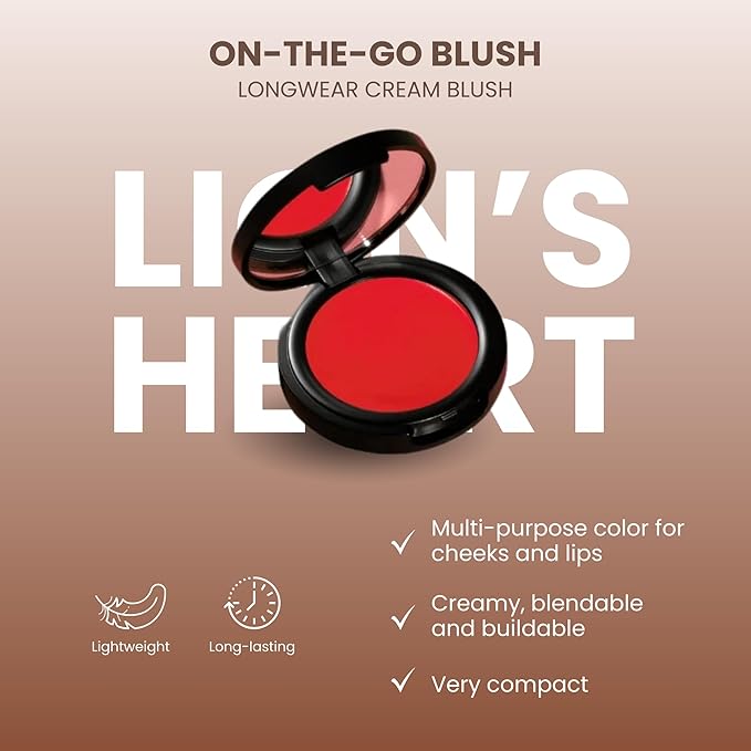 POISE Makeup HD Crème Lip and Cheek Compact | Long Lasting Cheek Blusher and Lip Stain Lipstick in One Hydrating for Skin Infused w/Shea Butter, LION'S HEART