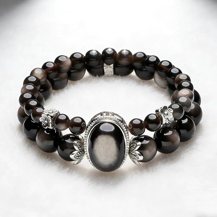 Black Obsidian Crystal Bracelet for Women, Stretch Elastic Bead Chakra Healing & Protection Bracelet, Positive Energy Jewelry Gift for Her, Girlfriend, Bestie, Birthday, Valentine‘s Day