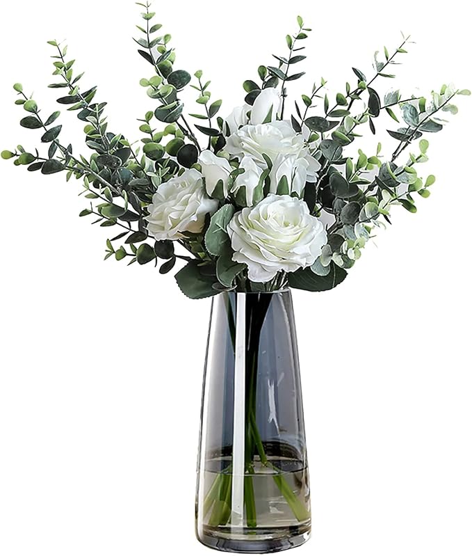 FANTESTICRYAN Modern Glass Vase, 8.7''H Decor Flower Vases, Crystal Grey | Crystal Black Colored Vase Fresh/Faux Floral Vases, For Home Office Table Centerpiece Decor Housewarming Gift for Lover