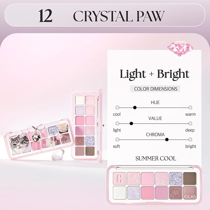 CLIO Pro Eye Palette Air, 12-Color Eye Shadow Palette, Matte Shimmer Mix, Air-Fit Blendable Pigmented Buildable Color, Low Fallout, Cool Light Neutral Tone, Daily Korean Makeup (12 CRYSTAL PAW)