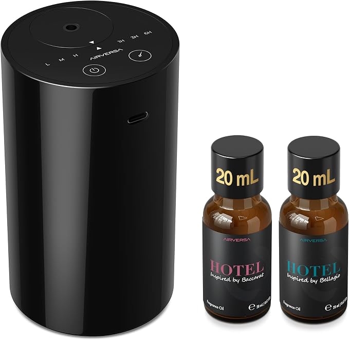 Airversa AN8 Waterless Essential Oil Diffuser Starter Kit, Black | 2X20 mL BLG+BCR Hotel Scent Fragrance Oil, Up to 600 sq ft, Battery Operated, Portable for Home Car Office, AN8Kit-2x20-B