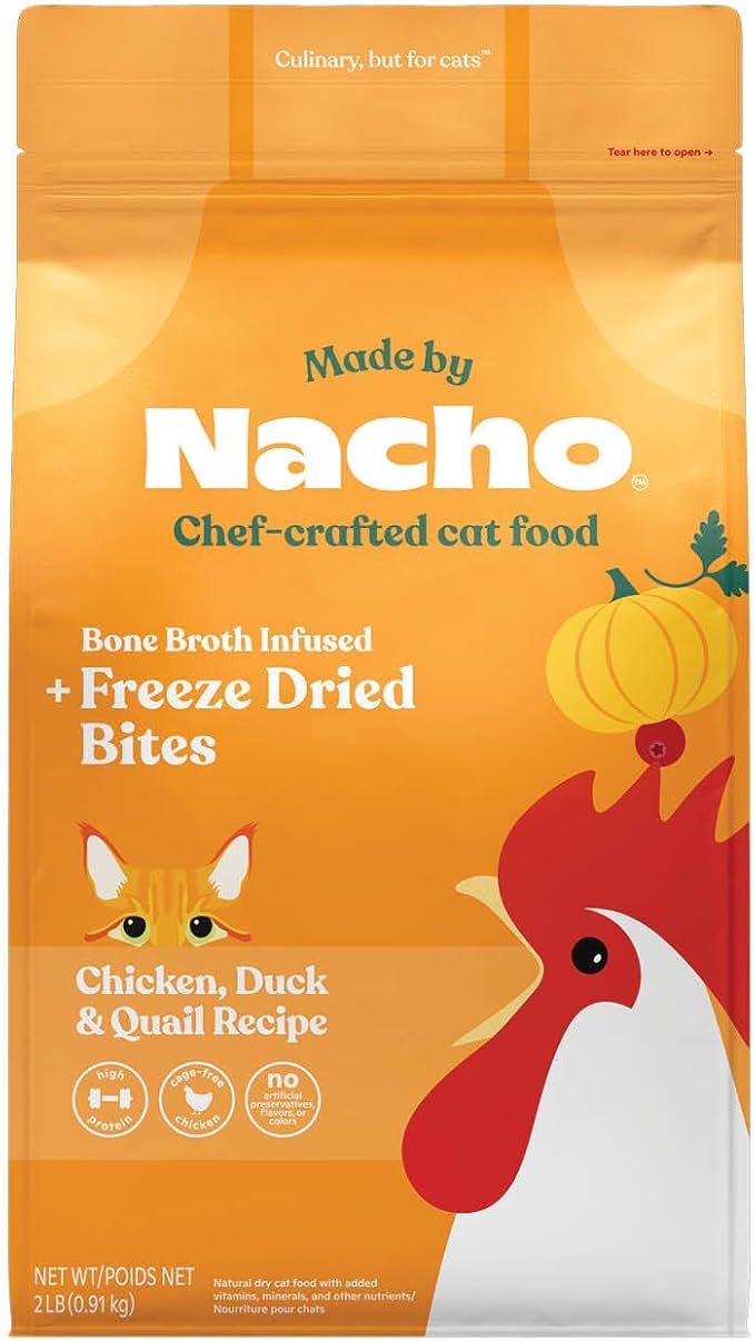 Made by Nacho Dry Cat Kibble 2lb Bag, High Protein Premium Cat Food with Freeze-Dried Pieces, Cage-Free Chicken, Duck & Quail, Limited Ingredients, Single Bag | Protein-forward dry cat food with premium ingredients and craveable texture for everyday fe...