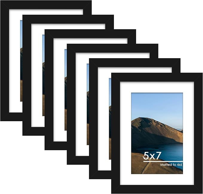 5x7 Picture Frame Set of 6, Wall or Tabletop Display, Black | Display 4x6 with Mat or 5x7 Without Mat, Horizontal or Vertical, Gallery Wall Frame Set for Wedding & Room & Home Decor