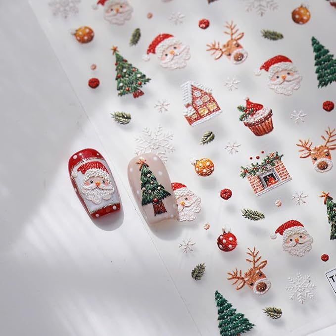 Christmas Nail Stickers for Nail Art, 5D Self-Adhesive Trees Cake Nail Decals, Mushroom Nail Supplies Nail Art Design Accessories for Women and Girls Manicure DIY Decoration