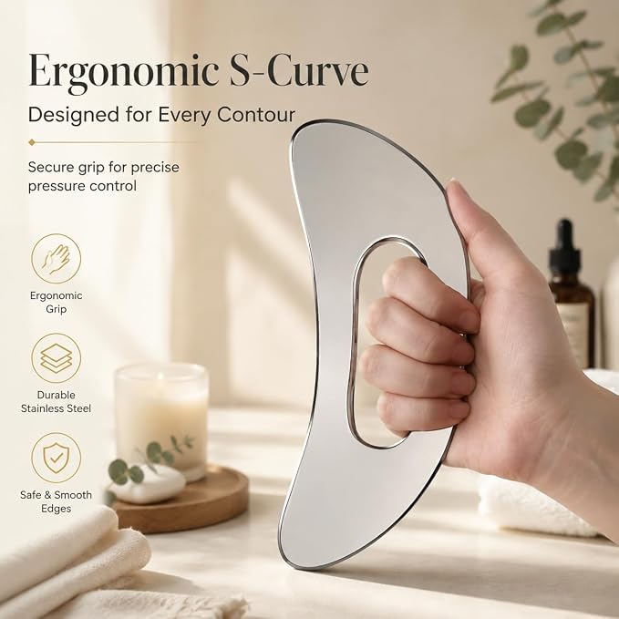Stainless Steel Gua Sha Muscle Scraping Tool, Ergonomic Body Massage Scraper with Smooth Curved Edge, Handheld Manual Massager for Neck, Shoulders, Back, Arms and Legs, Includes Storage Pouch
