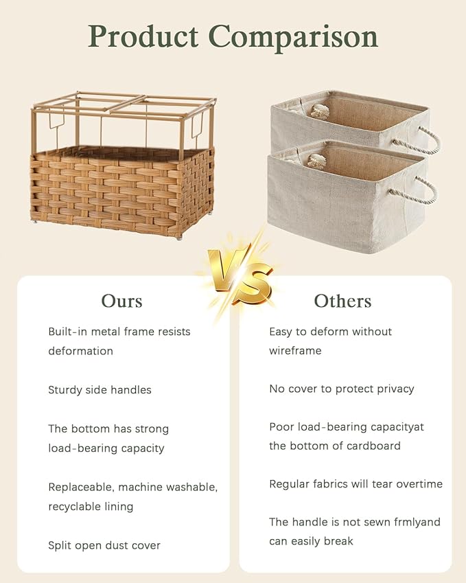 SETVSON Storage Basket with Lid Woven Wicker Baskets, 35L Natural | 9.2 Gallon Storage Bin with 2 Separate Lids, 2 Removable Liner Bags with Divider for Small Clothes, Sturdy Metal Frame