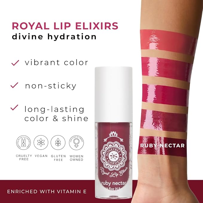 Honeybee Gardens Royal Lip Elixir Ruby Nectar, Hydrating and Non-Sticky Liquid Lip Color, Vegan, Cruelty-Free Beauty