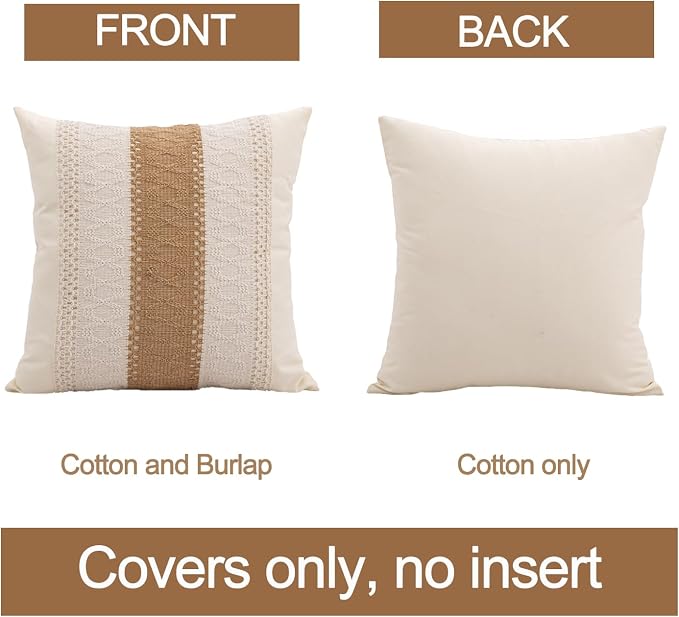 Throw Pillow Covers 16 x 16 Inch 1PC for Farmhouse Living Room, Cotton & Burlap Textured Striped Woven Boho Pillow Covers (Beige & Brown, Single Striped)