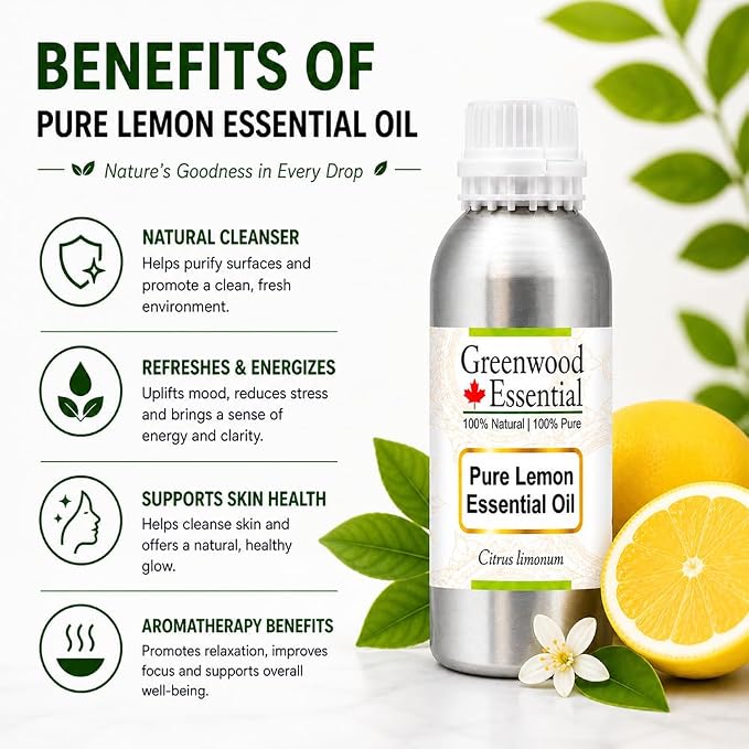 Greenwood Essential Pure Lemon Essential Oil (Citrus limonum) Steam Distilled 630ml (21.3 oz)