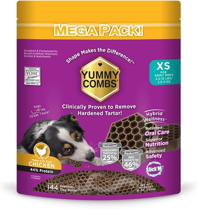 Yummy Combs Dog Dental Treats – Vet VOHC Approved – Delicious Chicken Protein – Removes Tartar with Cleaning Comb Shape – Dental Dog Treats for Extra Small Dogs (36oz, 144 Count)