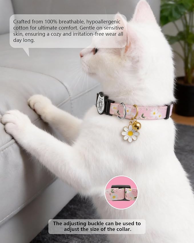 4 Pack-QR Code Cat Collar Breakaway Safe - Cotton Reflective Kitten Collar with Bell & Floral Pendant, Pink Purple Flowers Design, Customizable Online Pet ID for Lost Cats,Flower Pendan