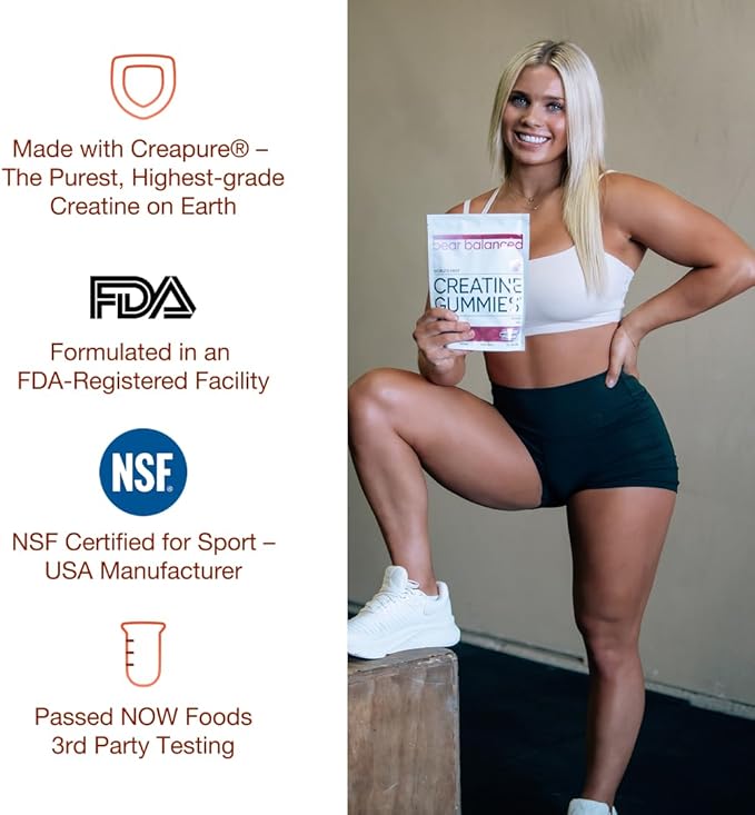 Bear Balanced Creatine Gummies for Men & Women - Creatine Monohydrate, L-Theanine, L-Tyrosine & B12 for Muscle Growth, Strength, and Focus, Peach Mango, 2 Pack