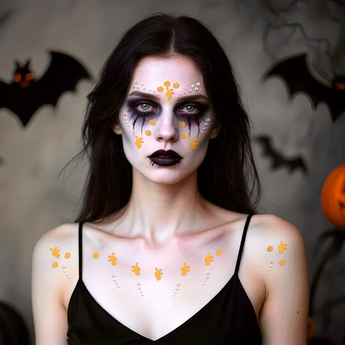 Halloween Orange Face Stickers Gems for Makeup, 3 Sheets Pumpkin Spooky Spider Witch Face Glitter Rhinestone jewels, Self Adhesive Face Eye Nail Body Gems Stick on for Boo Rave Festival Accessories