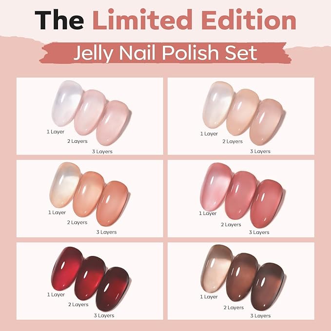 modelones Jelly Nail Polish of 6 Colors Valentines Sheer Nude Mini Nail Polish Set Red Pink Brown Quick Dry Spring Summer Fingernail Polish for DIY Nail Art Salon Home Gift for Women Girl