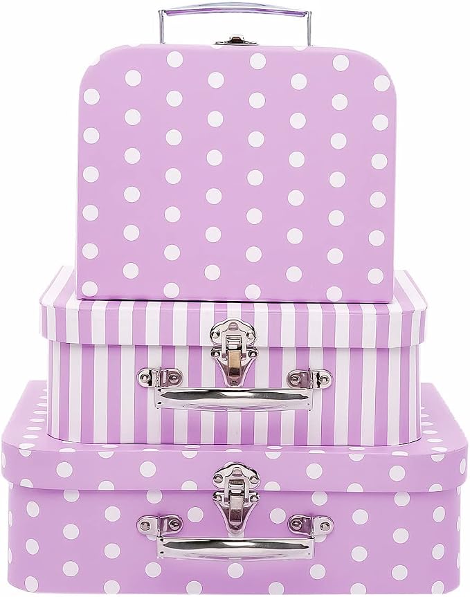 Paperboard Suitcases Set of 3, Cute Storage Box Nesting Gift Boxes with Lids for Christmas New Year, Wedding Birthday Party Home Decor, Mini Suitcase Favor Box (Purple Dots and Strips)